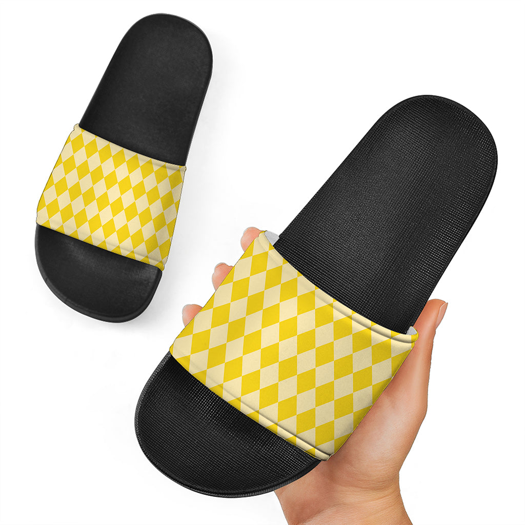 Yellow Harlequin Pattern Print Black Slide Sandals
