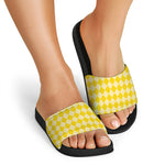 Yellow Harlequin Pattern Print Black Slide Sandals