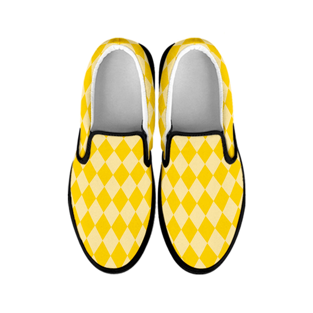 Yellow Harlequin Pattern Print Black Slip On Shoes