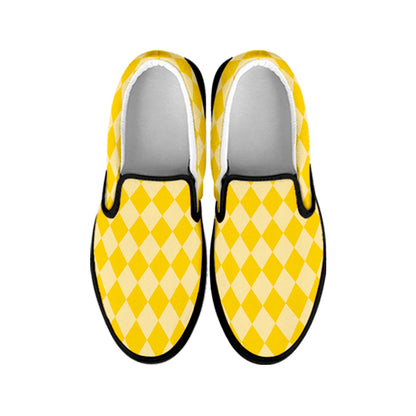 Yellow Harlequin Pattern Print Black Slip On Shoes