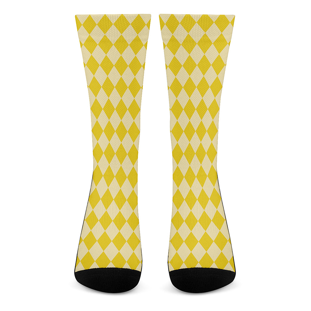 Yellow Harlequin Pattern Print Crew Socks