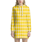 Yellow Harlequin Pattern Print Hoodie Dress