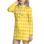 Yellow Harlequin Pattern Print Hoodie Dress