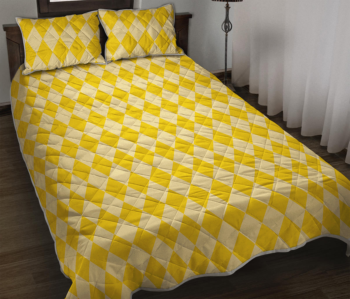 Yellow Harlequin Pattern Print Quilt Bed Set