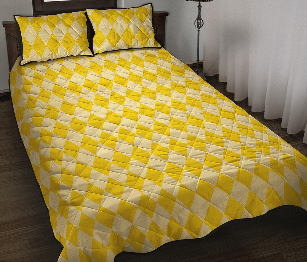 Yellow Harlequin Pattern Print Quilt Bed Set