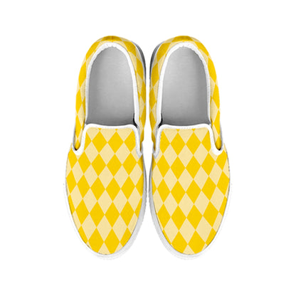 Yellow Harlequin Pattern Print White Slip On Shoes