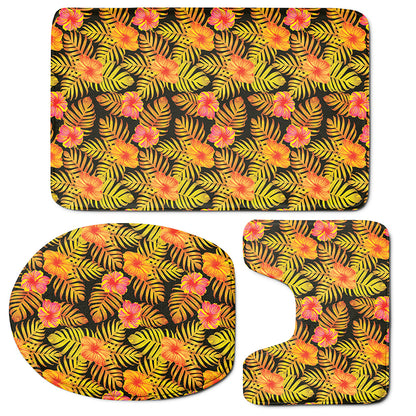 Yellow Hawaiian Tropical Pattern Print 3 Piece Bath Mat Set