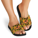 Yellow Hawaiian Tropical Pattern Print Black Slide Sandals