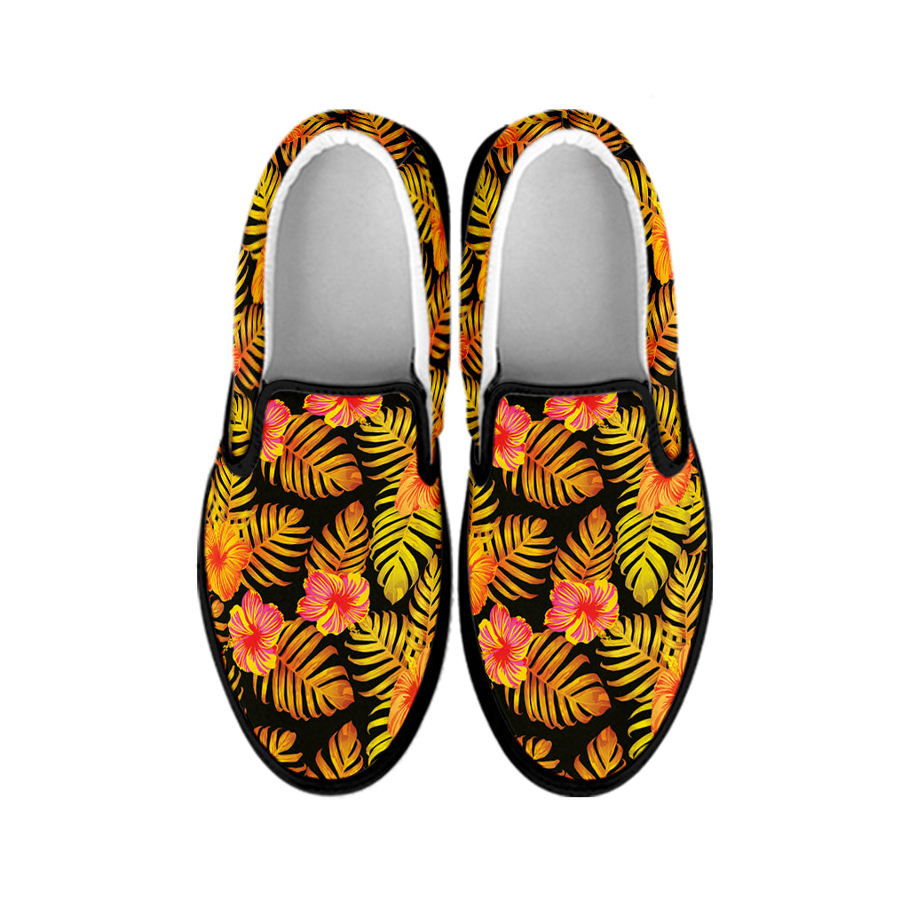 Yellow Hawaiian Tropical Pattern Print Black Slip On Shoes