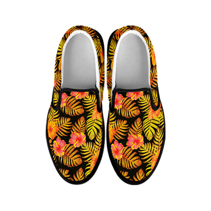 Yellow Hawaiian Tropical Pattern Print Black Slip On Shoes