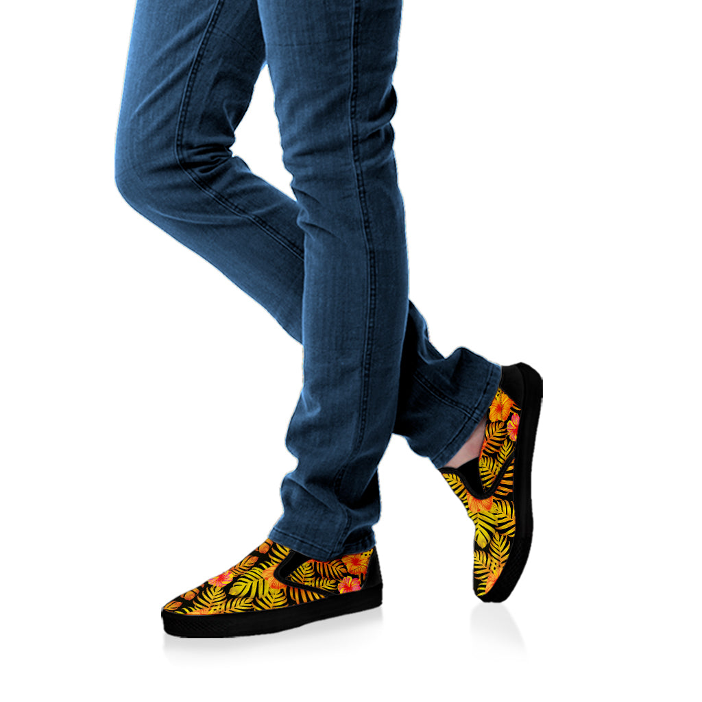 Yellow Hawaiian Tropical Pattern Print Black Slip On Shoes