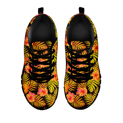 Yellow Hawaiian Tropical Pattern Print Black Sneakers