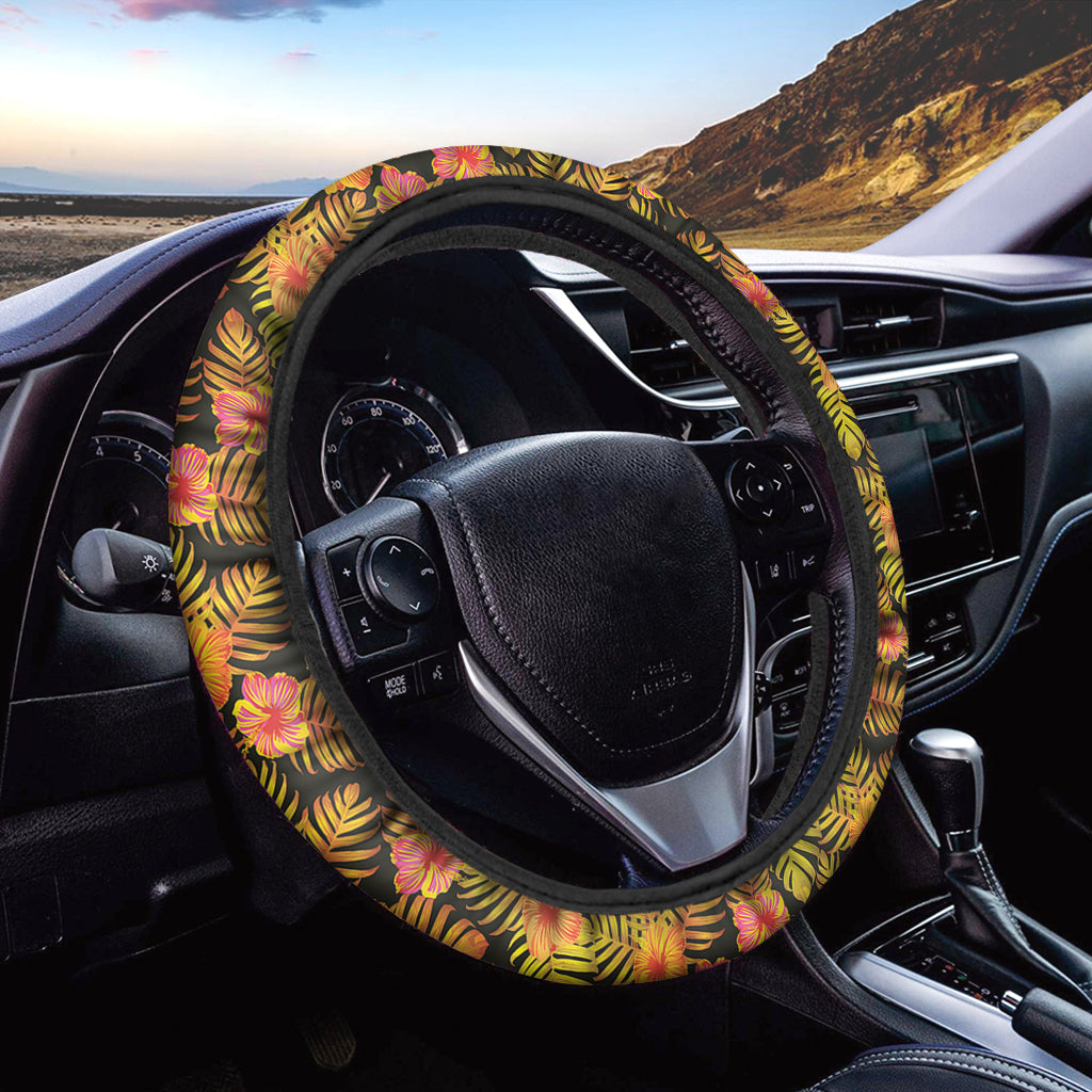 Yellow Hawaiian Tropical Pattern Print Car Steering Wheel Cover