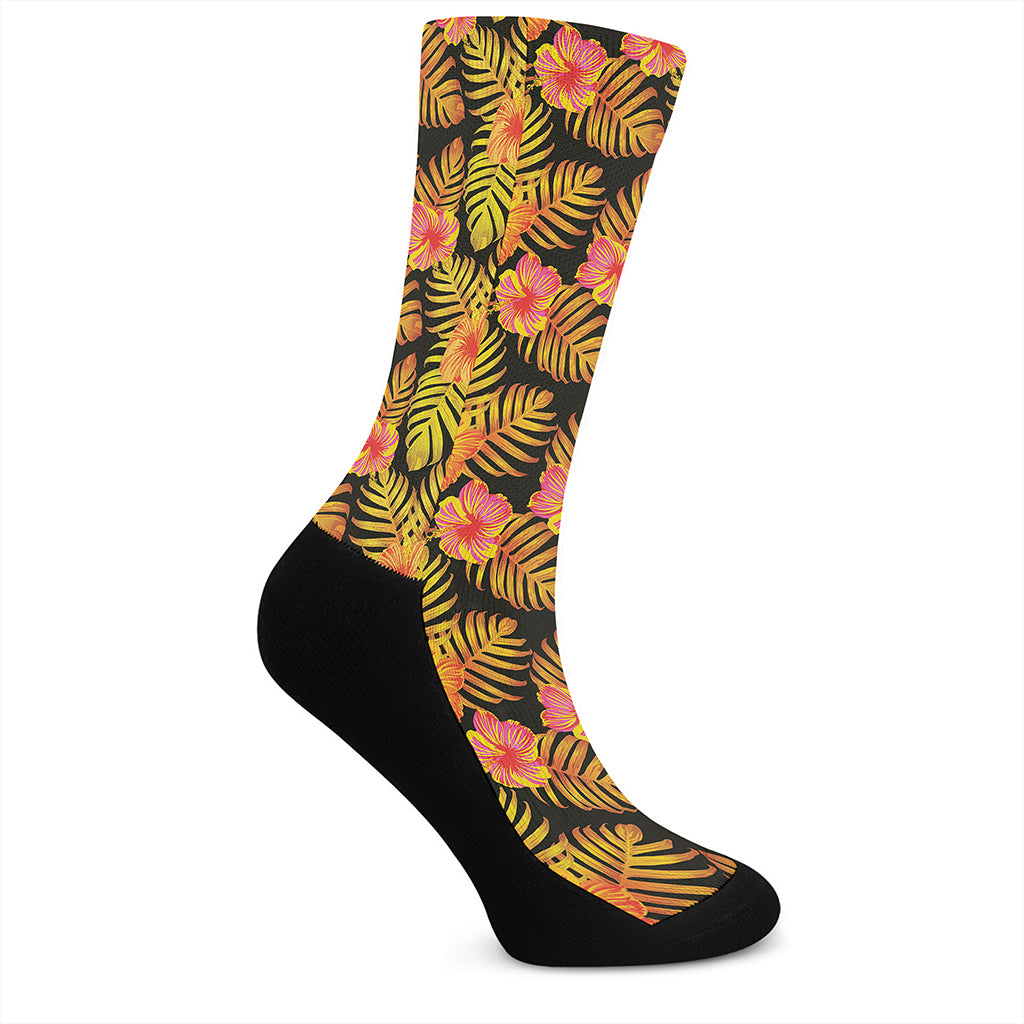 Yellow Hawaiian Tropical Pattern Print Crew Socks