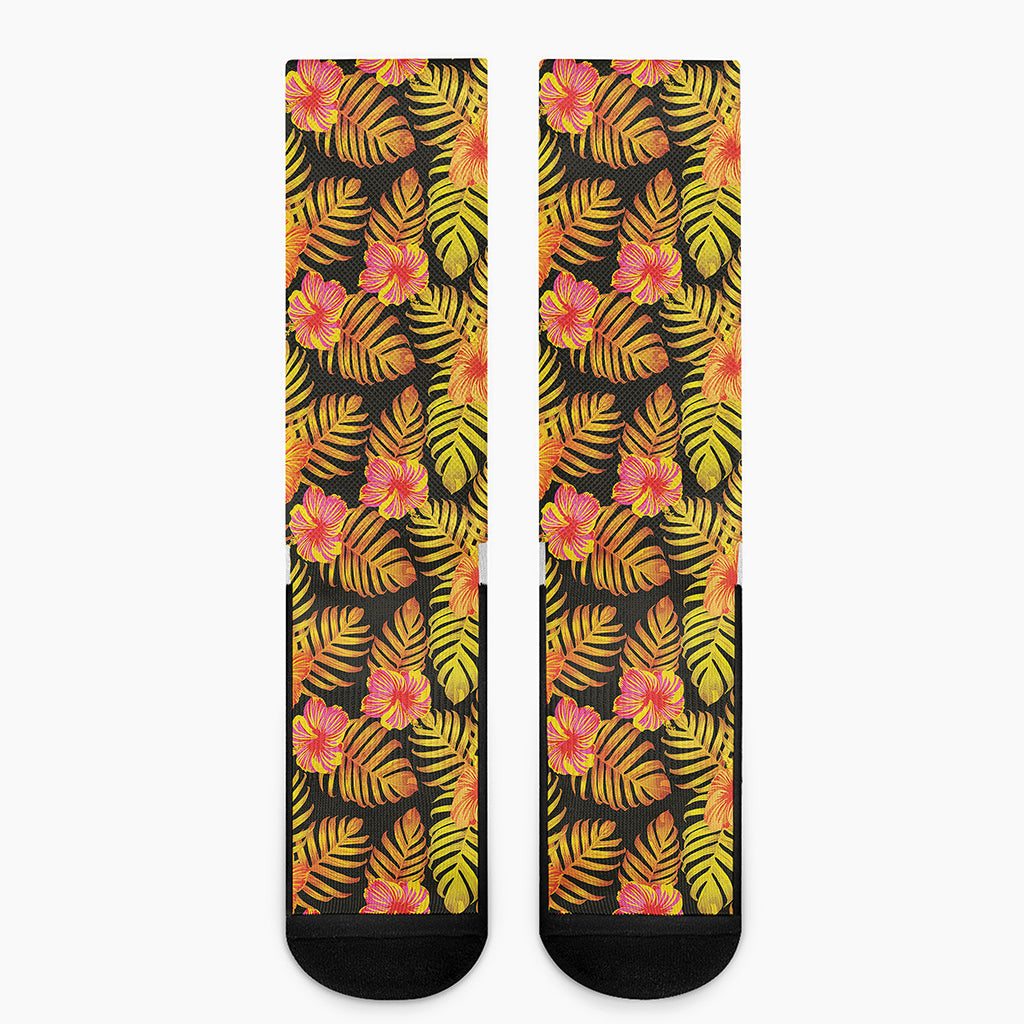 Yellow Hawaiian Tropical Pattern Print Crew Socks