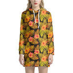 Yellow Hawaiian Tropical Pattern Print Hoodie Dress
