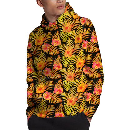 Yellow Hawaiian Tropical Pattern Print Pullover Hoodie