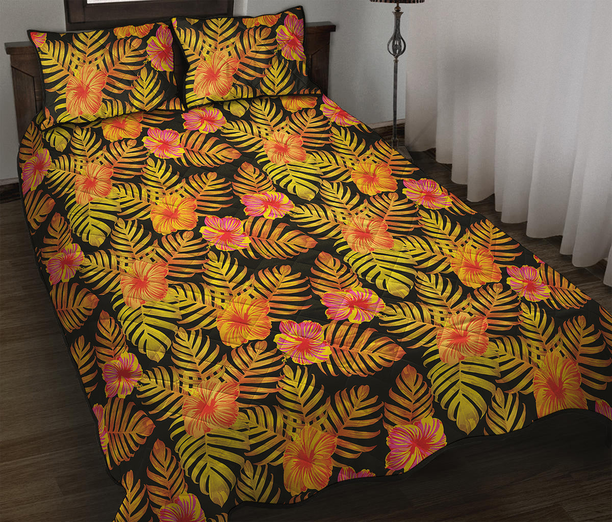 Yellow Hawaiian Tropical Pattern Print Quilt Bed Set