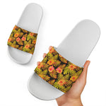 Yellow Hawaiian Tropical Pattern Print White Slide Sandals