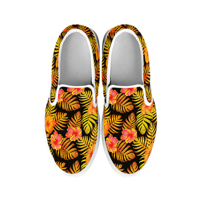 Yellow Hawaiian Tropical Pattern Print White Slip On Shoes