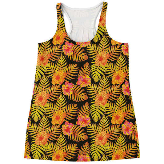 Yellow Hawaiian Tropical Pattern Print Women's Racerback Tank Top