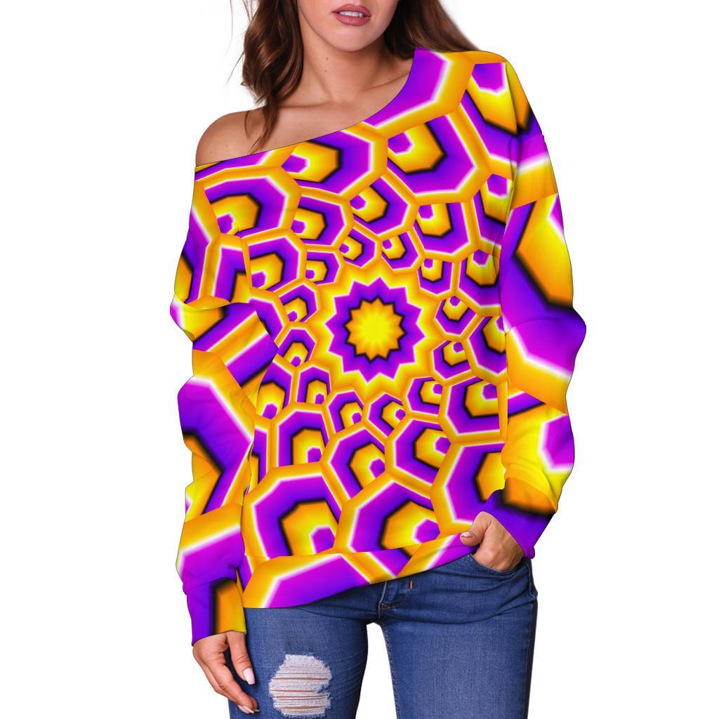 Yellow Hive Moving Optical Illusion Off Shoulder Sweatshirt GearFrost