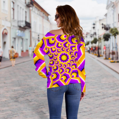 Yellow Hive Moving Optical Illusion Off Shoulder Sweatshirt GearFrost