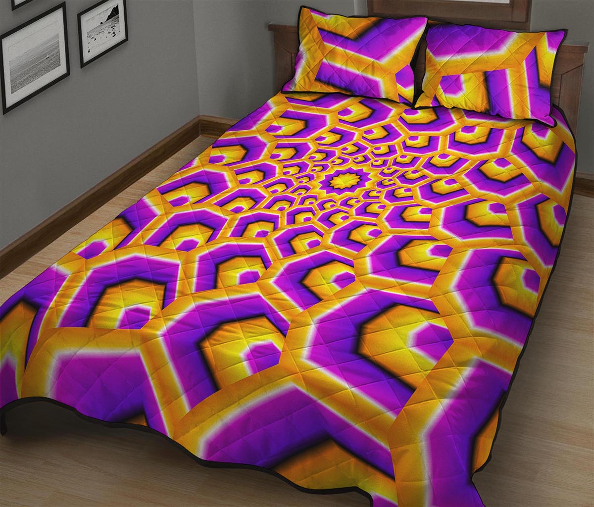 Yellow Hive Moving Optical Illusion Quilt Bed Set