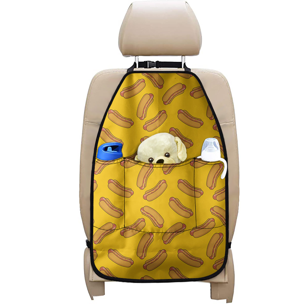 Yellow Hot Dog Pattern Print Car Seat Organizers