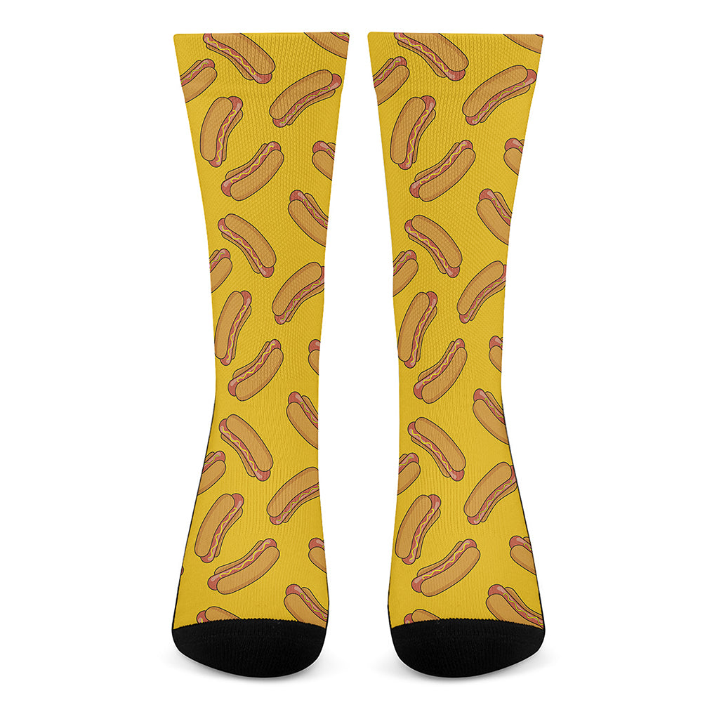 Yellow Hot Dog Pattern Print Crew Socks