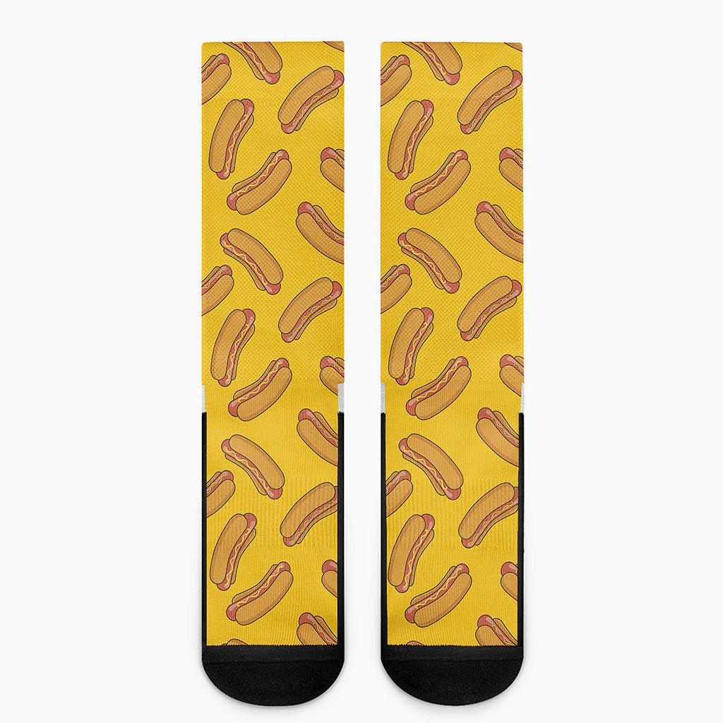 Yellow Hot Dog Pattern Print Crew Socks