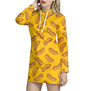 Yellow Hot Dog Pattern Print Hoodie Dress