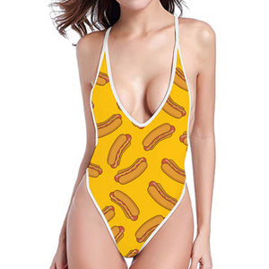 Yellow Hot Dog Pattern Print One Piece High Cut Swimsuit