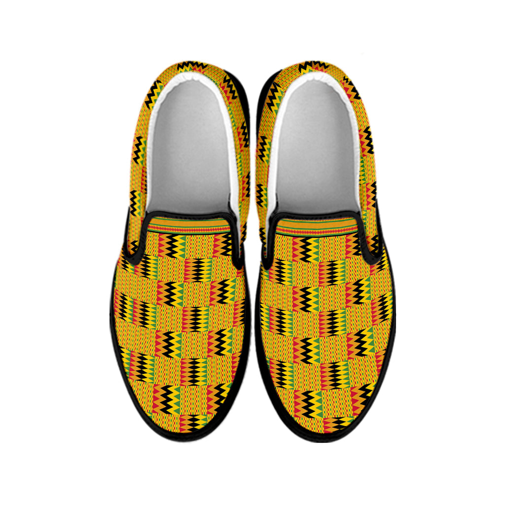 Yellow Kente Pattern Print Black Slip On Shoes