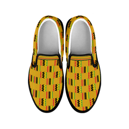 Yellow Kente Pattern Print Black Slip On Shoes