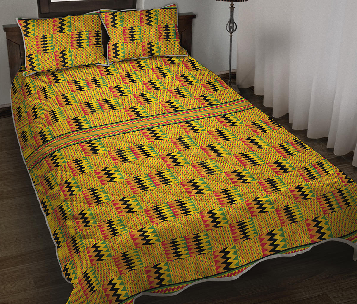 Yellow Kente Pattern Print Quilt Bed Set