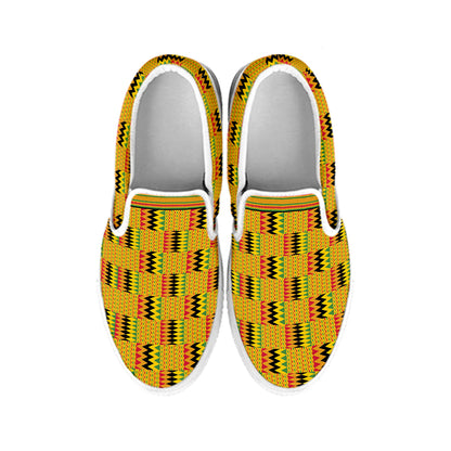 Yellow Kente Pattern Print White Slip On Shoes
