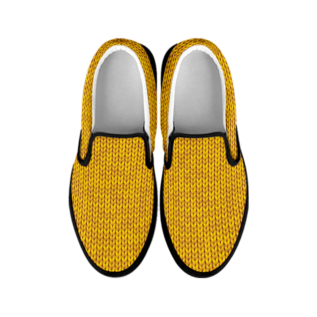 Yellow Knitted Pattern Print Black Slip On Shoes