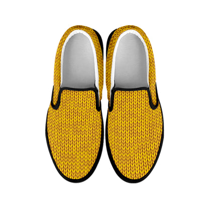 Yellow Knitted Pattern Print Black Slip On Shoes