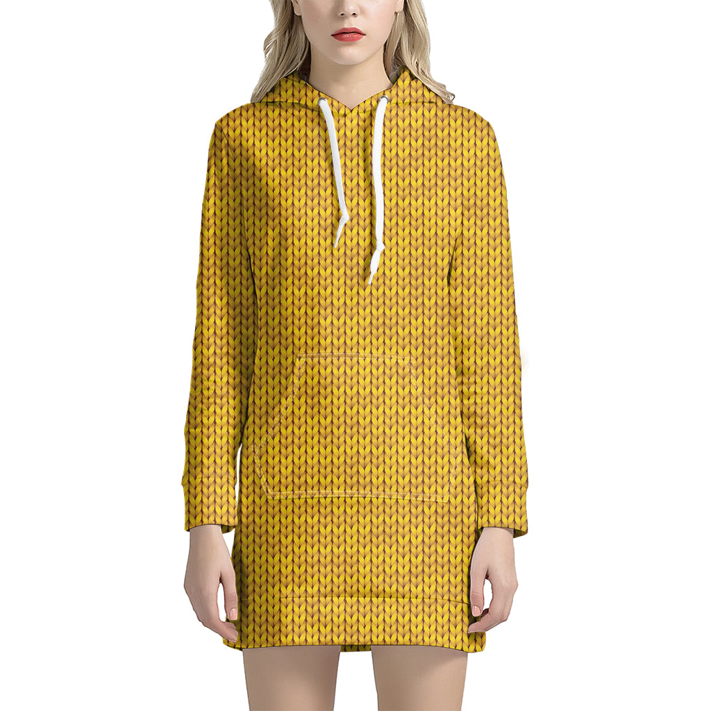 Yellow Knitted Pattern Print Hoodie Dress