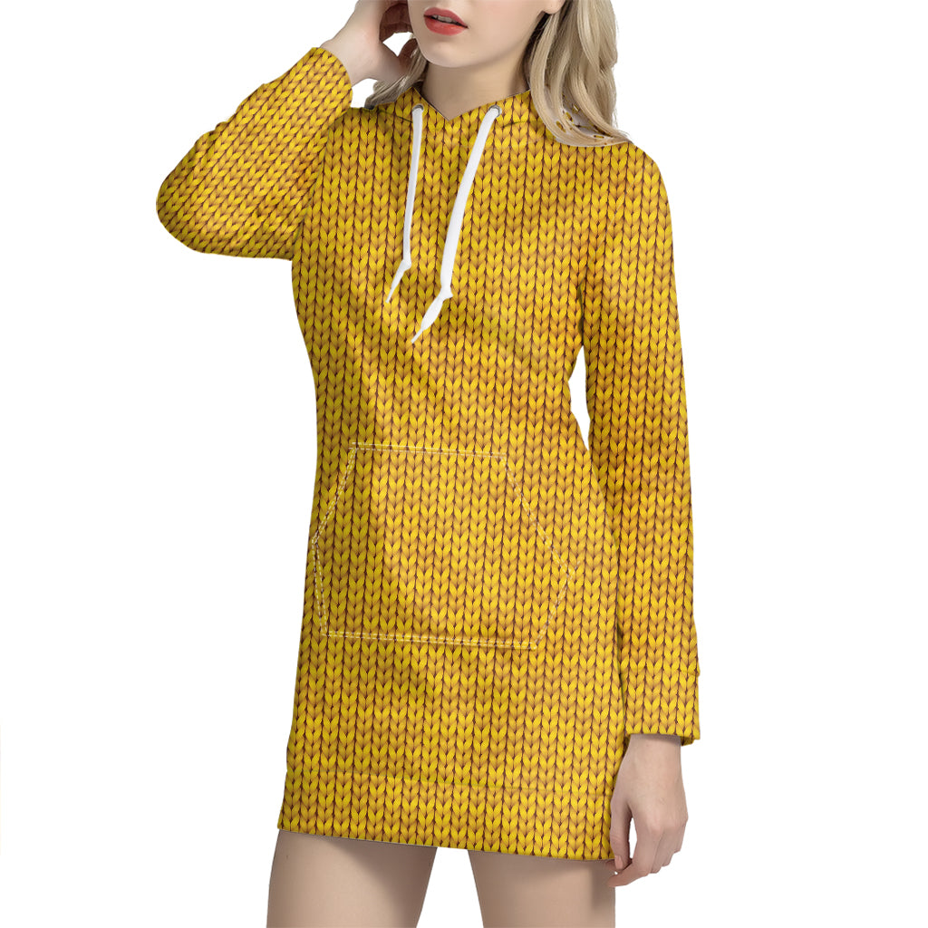Yellow Knitted Pattern Print Hoodie Dress