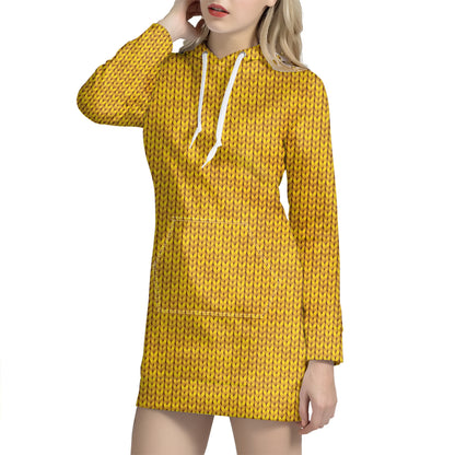 Yellow Knitted Pattern Print Hoodie Dress