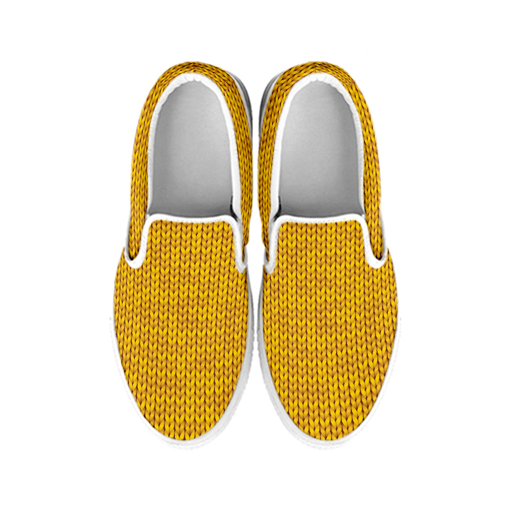 Yellow Knitted Pattern Print White Slip On Shoes