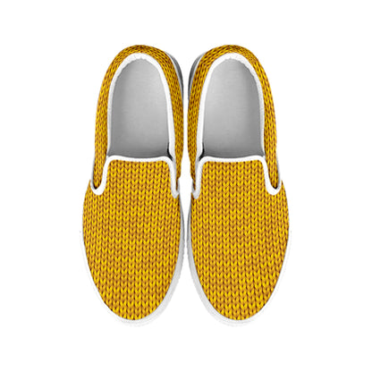 Yellow Knitted Pattern Print White Slip On Shoes