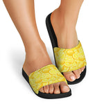 Yellow Lemon Pattern Print Black Slide Sandals