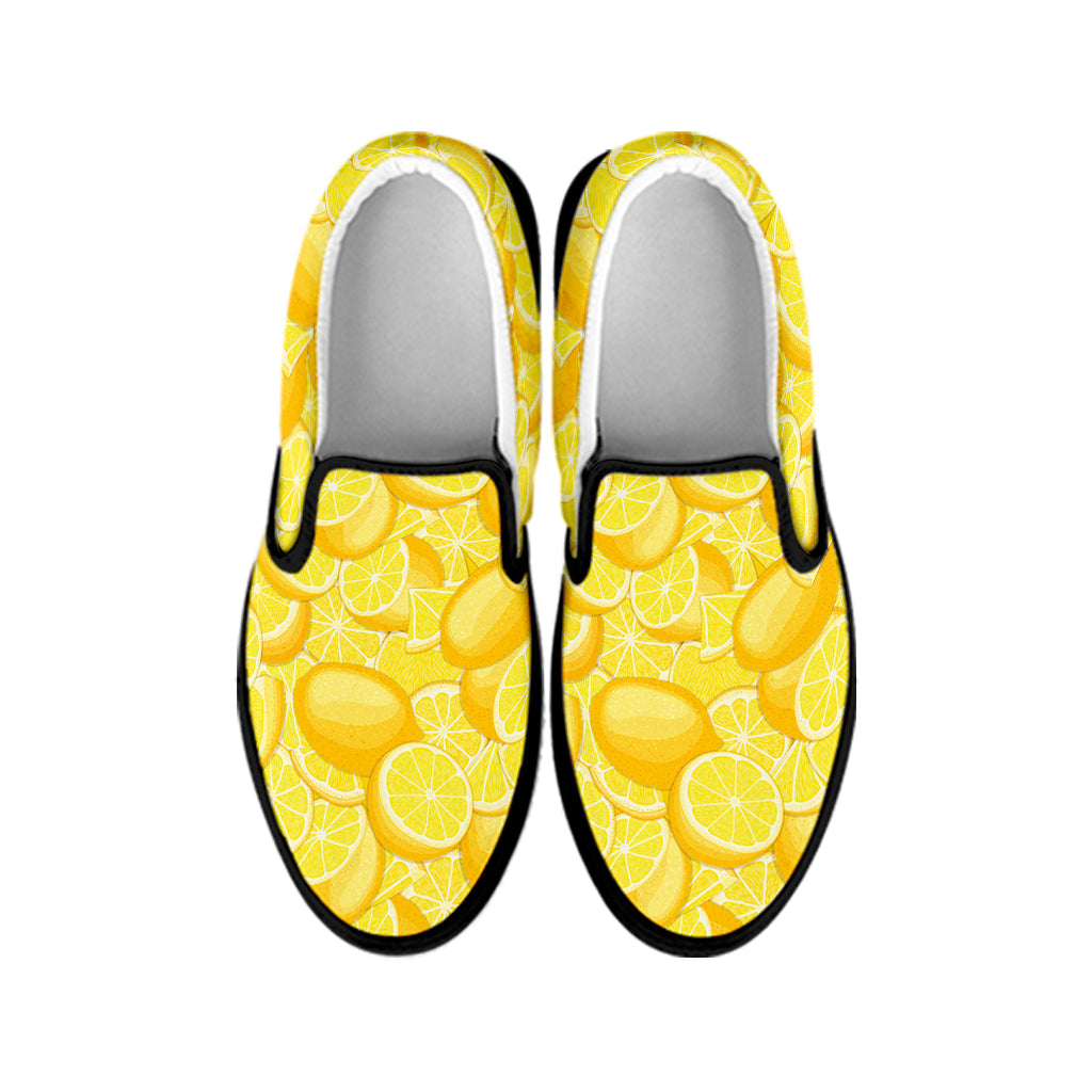 Yellow Lemon Pattern Print Black Slip On Shoes