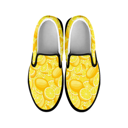 Yellow Lemon Pattern Print Black Slip On Shoes