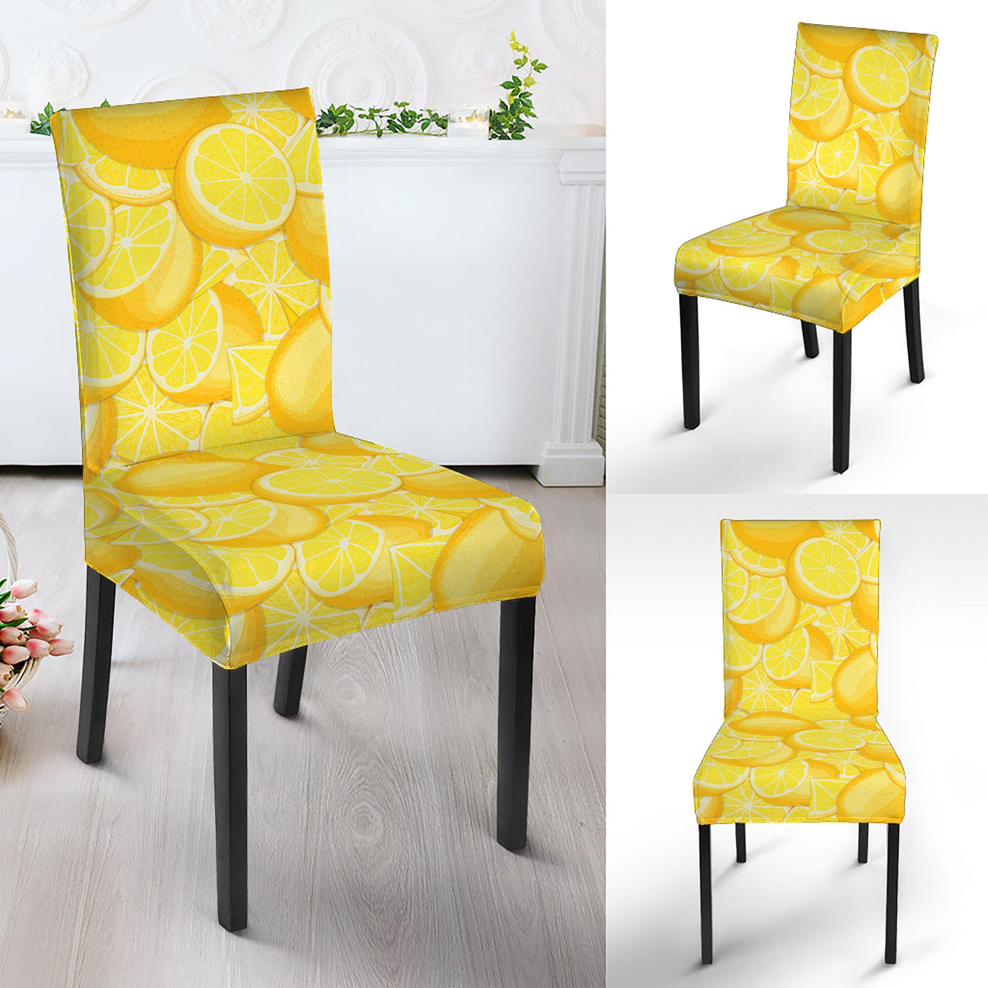 Yellow Lemon Pattern Print Dining Chair Slipcover