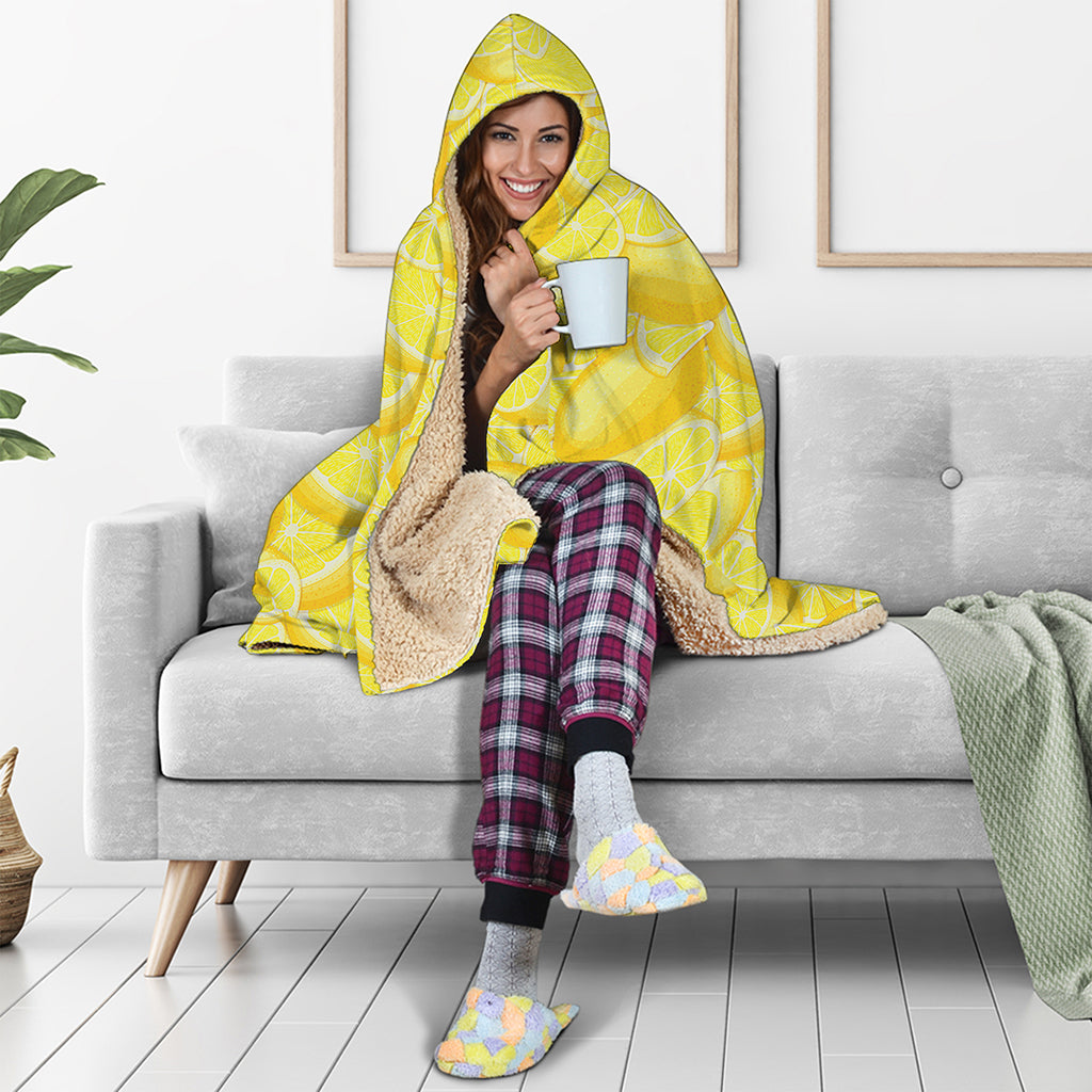 Yellow Lemon Pattern Print Hooded Blanket