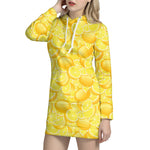 Yellow Lemon Pattern Print Hoodie Dress